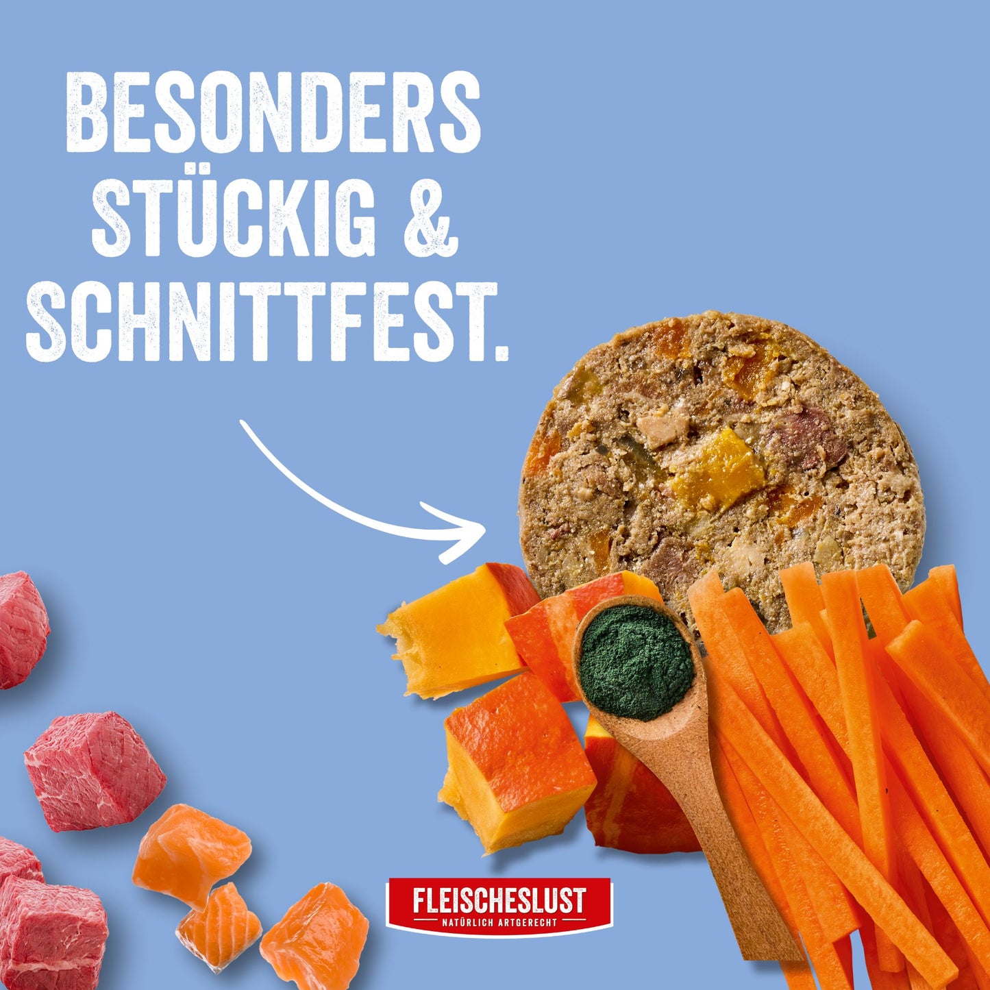 Salmon with beef with carrot, pumpkin & spirulina