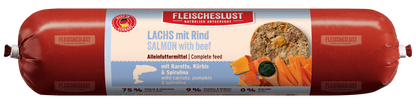 Lachs mit Rind mit Karotte, Kürbis & Spirulina
